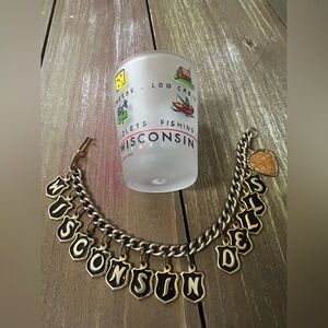 Wisconsin Charm Bracelet with Black & Gold Lettering & WI Shot Glass